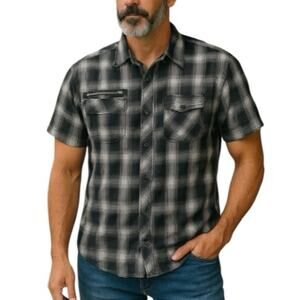 Marc Ecko Deadly Threads Plaid Button-Up Shirt XXL – Black, Grey & Blue
